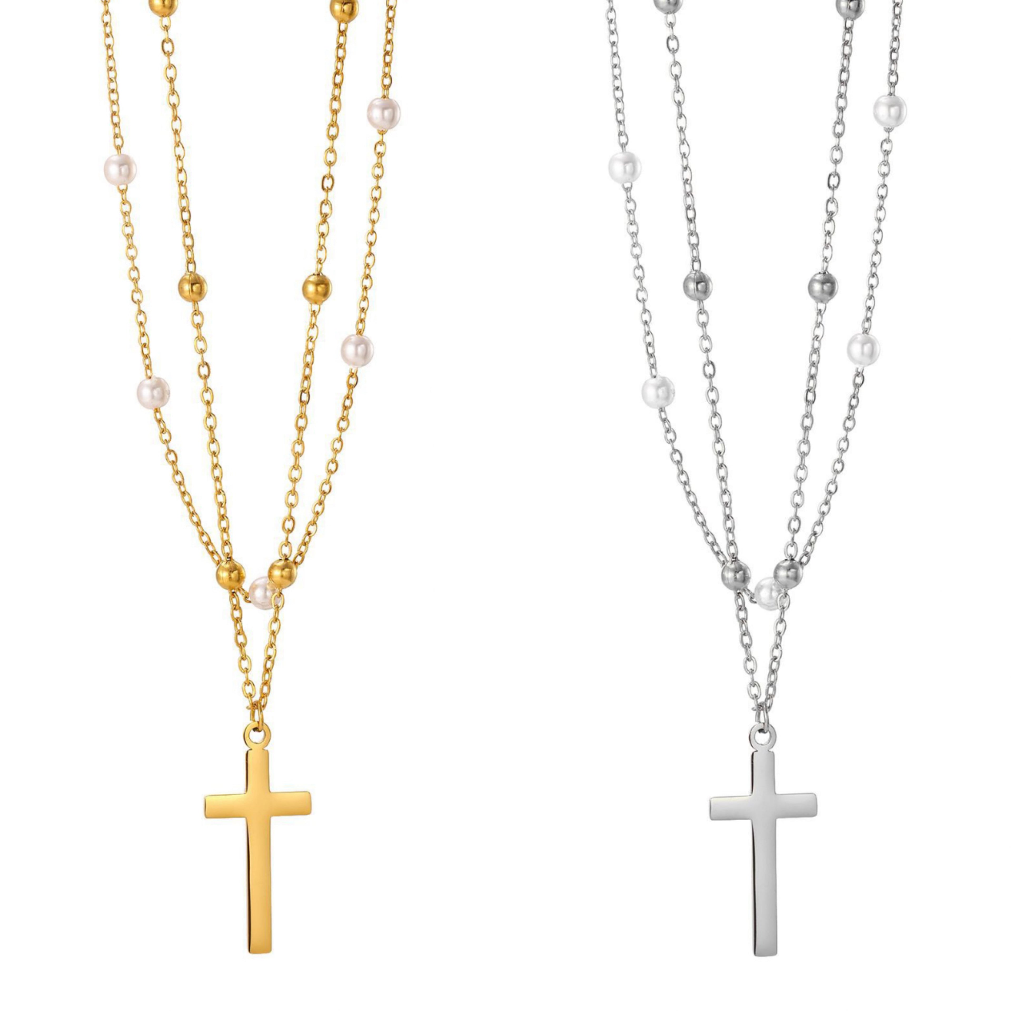 STOP&GO-Collana doppia croce e perla