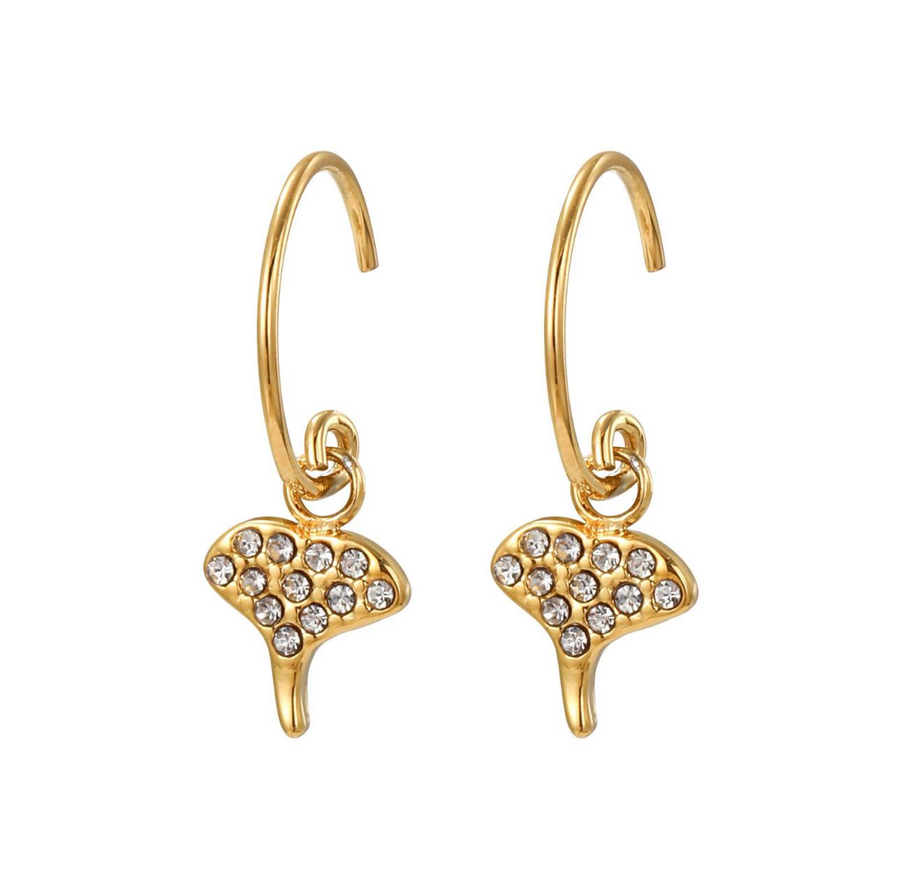 Orecchini a Cerchio con Pendente a Foglia di Ginkgo e Zirconi